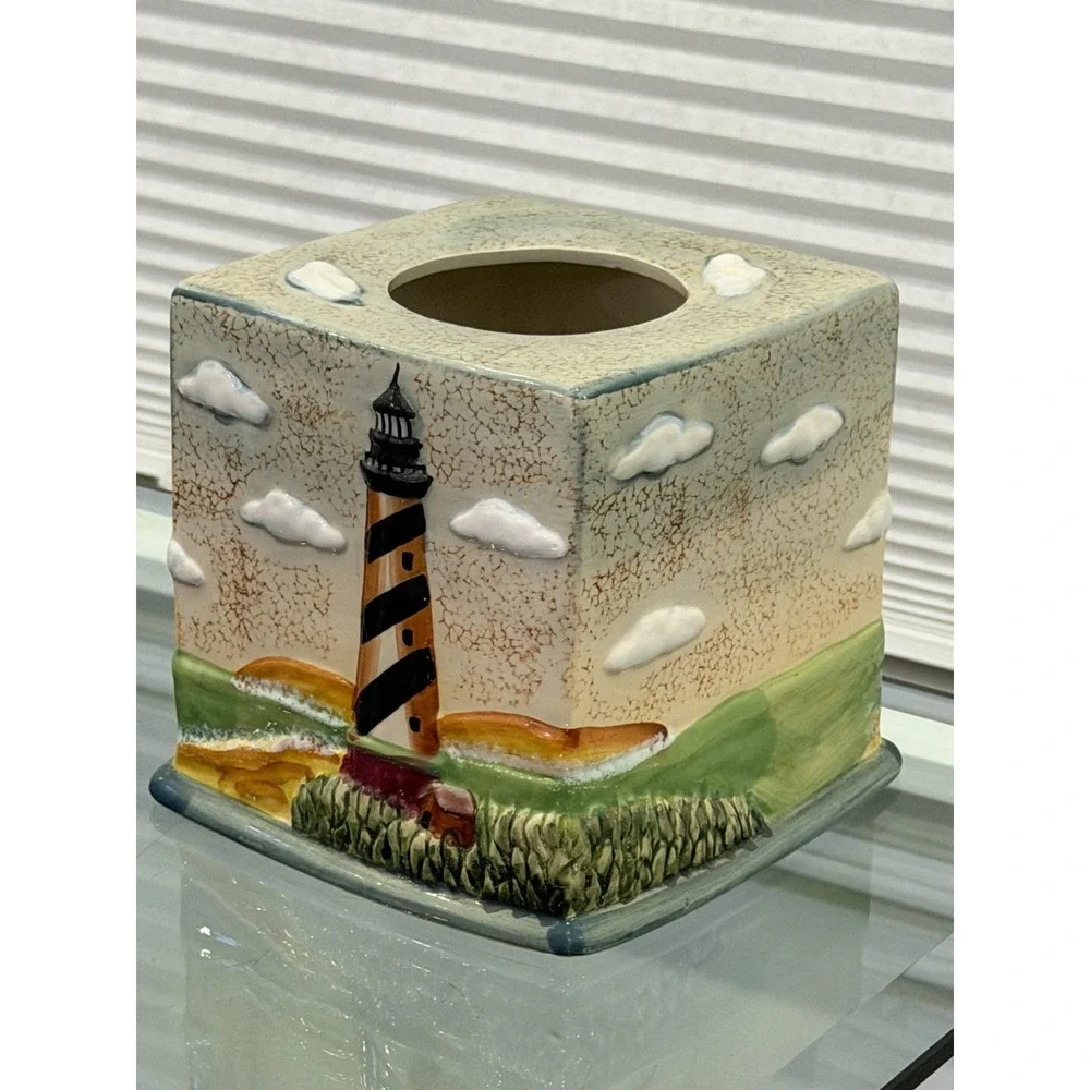 Lighthouse Tissue Box Cover Ceramic 3D Beach Nautical Coastal